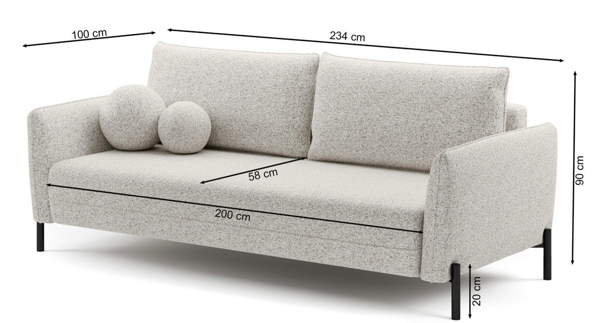 SOFA Veruco Hellbeige mit Schlaffunktion - Ecru/Schwarz, Textil/Metall (234/90/100cm) - Selsey