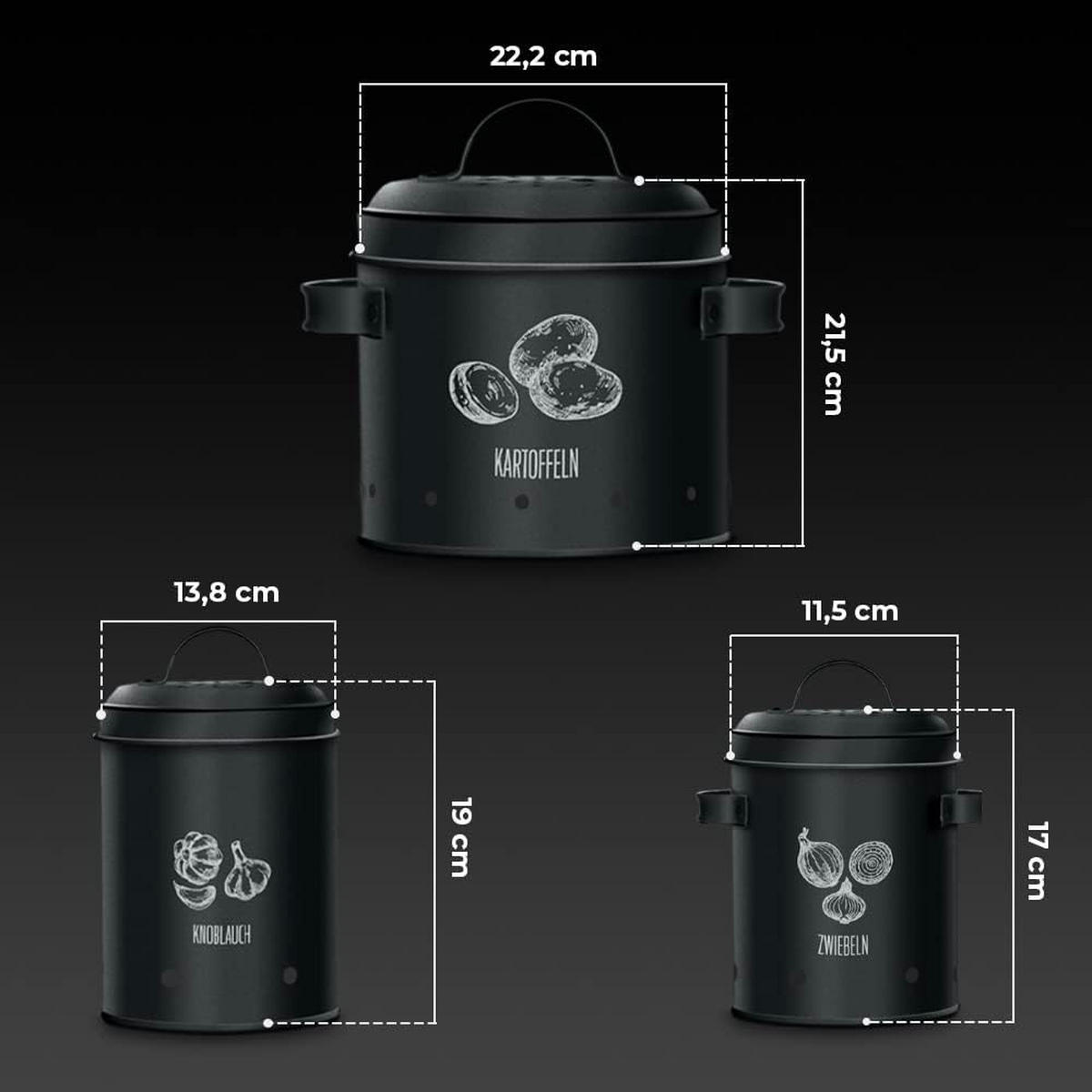 VORRATSBEHÄLTER 3 Stück - Schwarz, Metall (22/22/22cm) - KitchenQuality