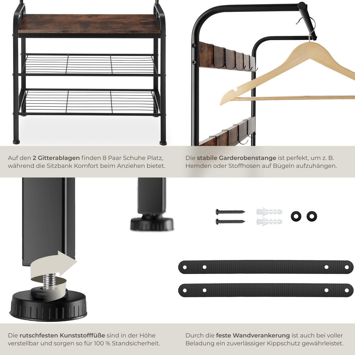 GARDEROBENSTÄNDER Wichita, inklusive Kippschutz, 73,5 x 36 x 184 cm, Industrial Holz dunkel, rustikal - Rostfarben, Textil (36/184/73.5cm) - tectake