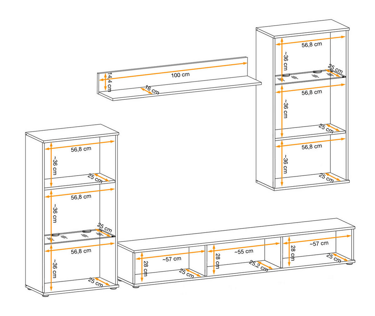 WOHNWAND Eiche, schwarz 255 cm Lamellenoptik, Schrankwand mit Beleuchtung - Eichefarben/Schwarz, Glas/Holzwerkstoff (255/180/30cm) - Furn.Design