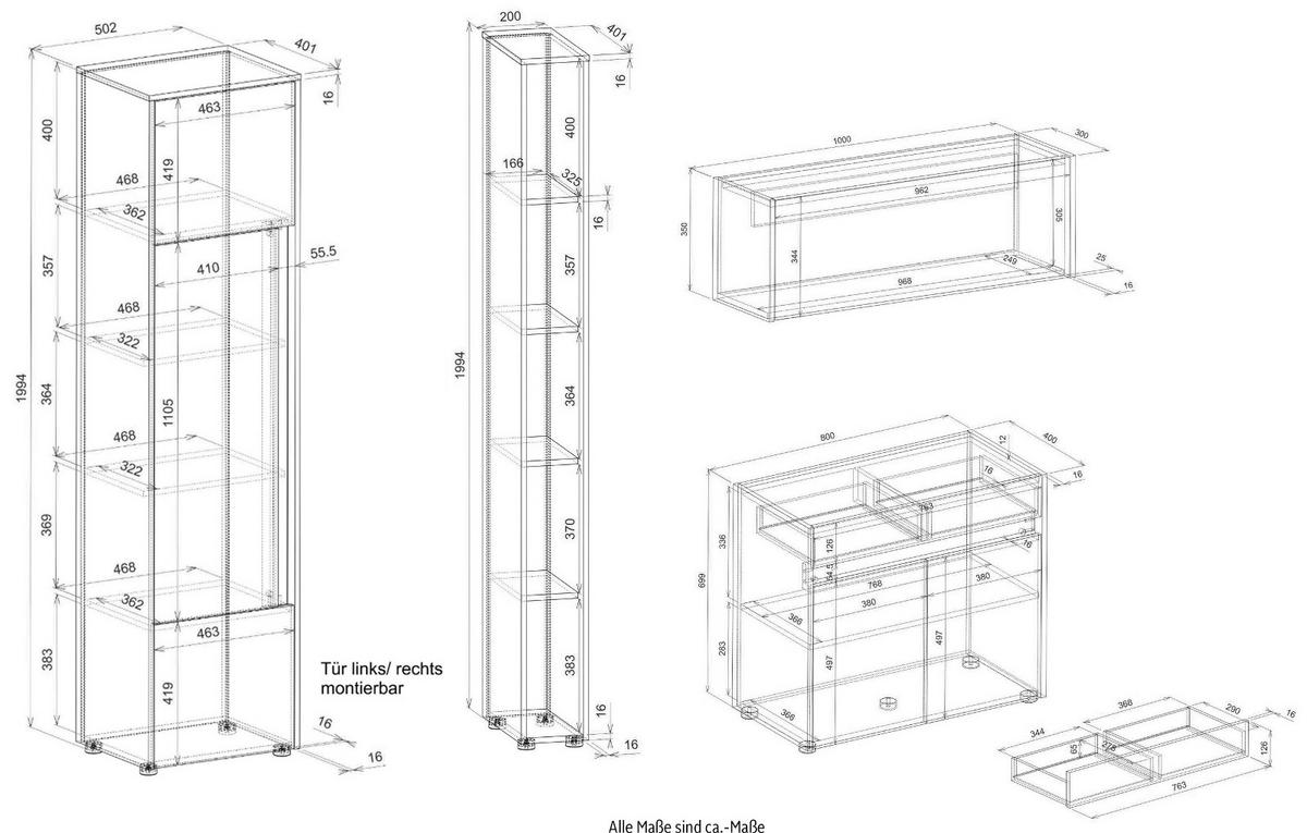 AKTENSCHRANK Set 4-teilig grau matt, Eiche Wotan 250 cm, Büromöbelkombination mit Sekretär und viel Stauraum - Eiche Wotan/Schwarz, Holzwerkstoff/Kunststoff (250/200/40cm) - Furn.Design
