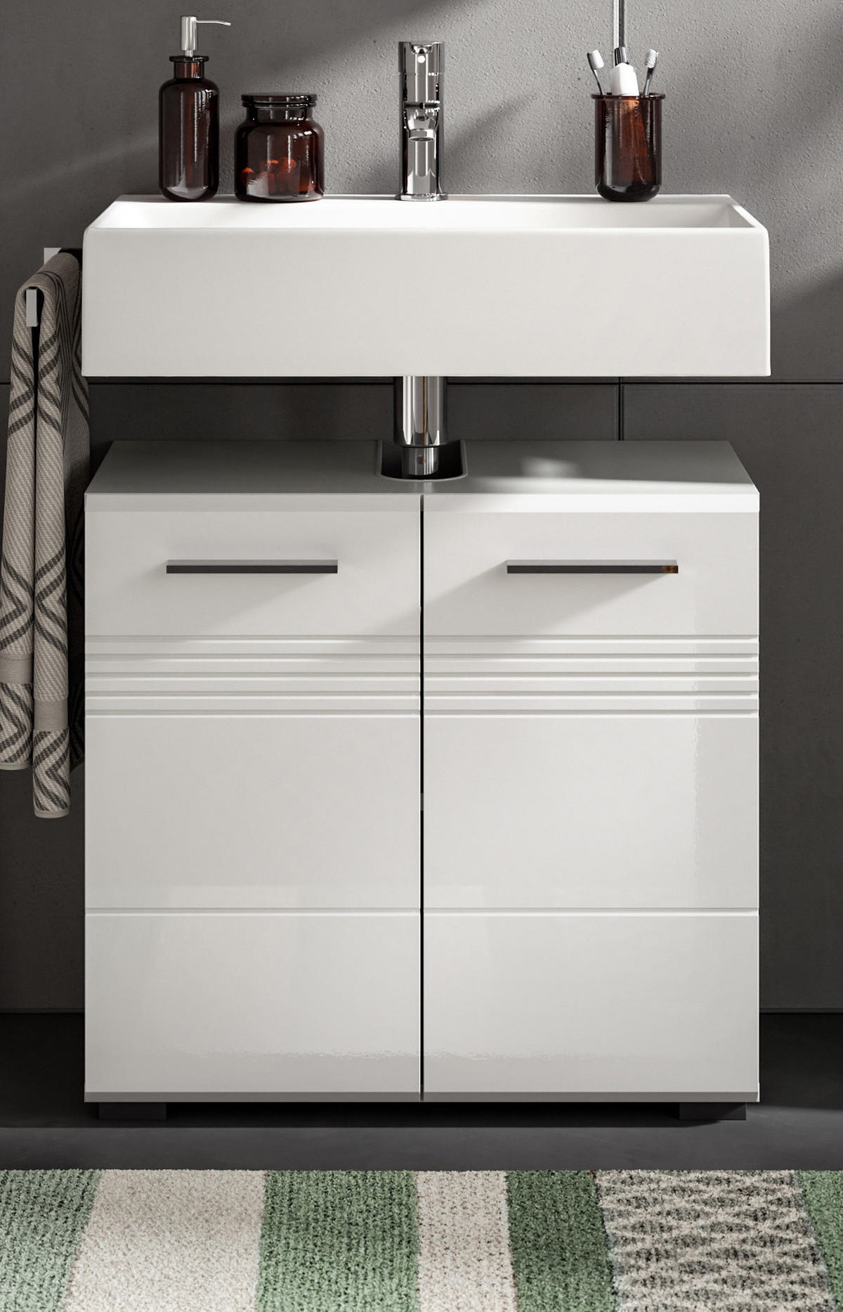 WASCHBECKENUNTERSCHRANK weiß Hochglanz, grau 60 cm - Weiß Hochglanz/Silberfarben, Holzwerkstoff/Kunststoff (60/56/32cm) - Inn.Furn