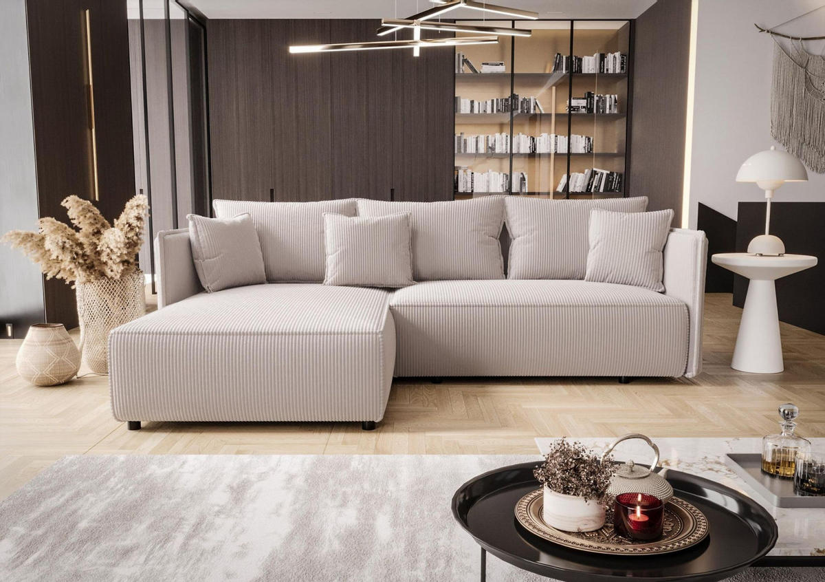 ECKSOFA MILANO links weiß Cord Poso 100 - Schlaffunktion, Bettkasten - Weiß, Textil (245/185cm) - Cornero
