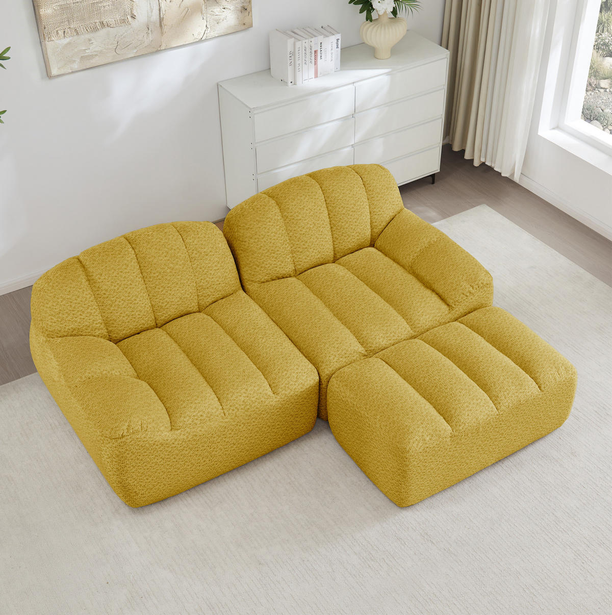 SOFA 2-Sitzer in Gelb mit Ottoman und modularer L-Form - Gelb, Textil (165/79/210cm) - Flora Grace