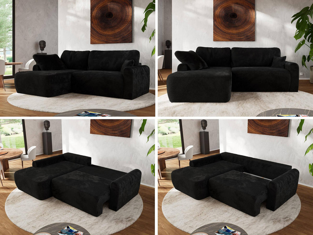 ECKSCHLAFSOFA CUBO L Schwarz Plüsch - links - Schwarz, Kunststoff/Textil (273/187cm) - MKS