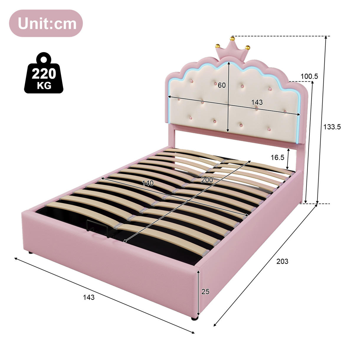 POLSTERBETT mit Bettkasten und Lattenrost 140x200 cm PU Pink - Pink, Metall (140/200cm) - Meubliv