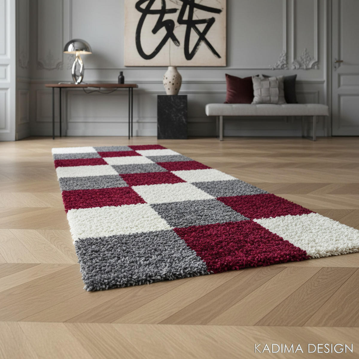 TEPPICH Hochflor Karo Polypropylen Wohnzimmer Shaggy Rot Läufer 80x250 - Rot, Textil (80/250cm) - KADIMA DESIGN