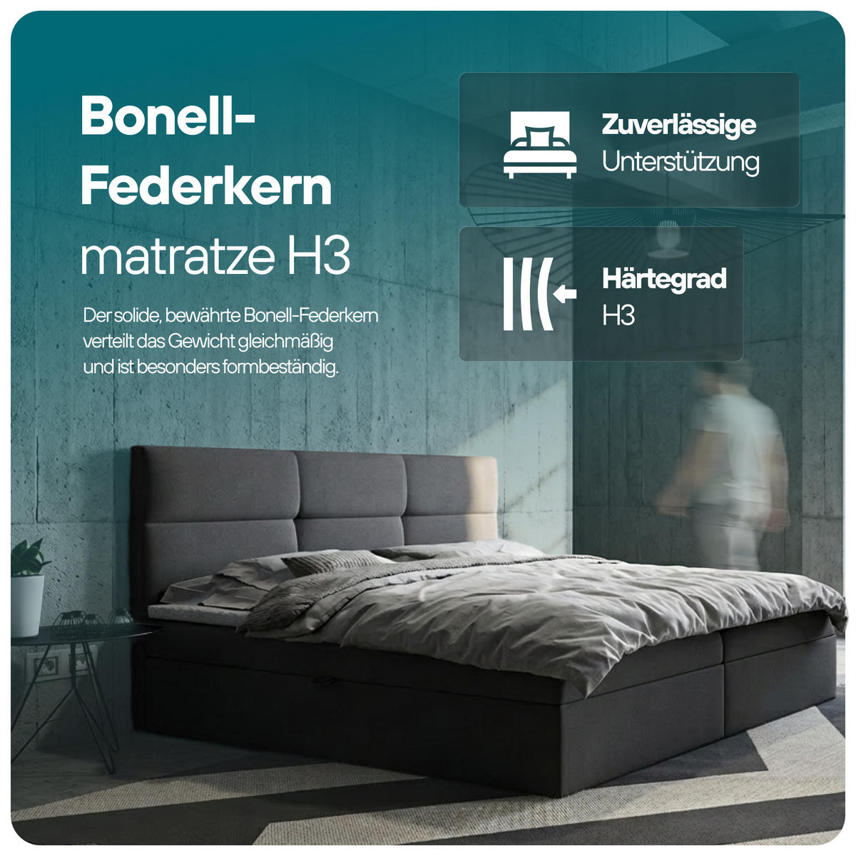 BOXSPRINGBETT 200x200 cm, TOP mit Bonellmatratze, Elegant gestepptes Kopfteil und Bettkasten, Dunkelgrau - Dunkelgrau, Holzwerkstoff/Kunststoff (200/200cm) - Trada
