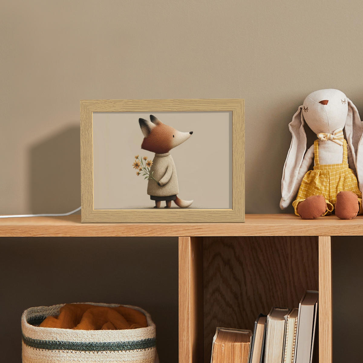 NACHTTISCHLAMPE Fuchs - Gelbe Blumen - Minimalistisch 20x15 cm - Taupe, Holzwerkstoff (8/20/15cm)