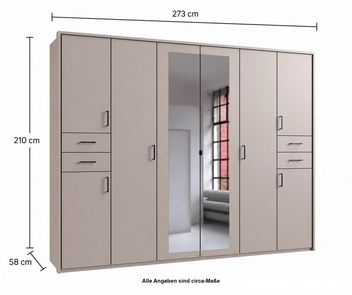 DREHTÜRENSCHRANK Kleiderschrank B273/H210/T58 cm mit Schubkästen & Passepartout & 2 Spiegeltüren, Beige Grau, Griffe schwarz / 22580 - Beige/Schwarz, Holzwerkstoff/Kunststoff (273/210/58cm) - luma-home