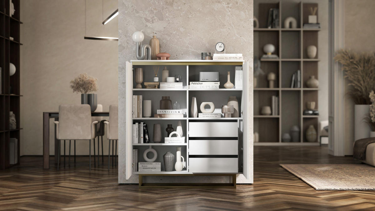 KOMMODE Selene 2D Weiß matt 111 cm mit Metallrahmen - Goldfarben/Weiß, Holzwerkstoff/Metall (111/125/35cm) - Meble Lindner