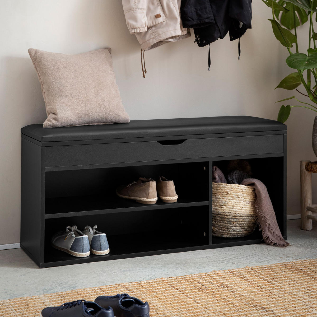 SCHUHBANK – Kunstleder/Holz, 104x51x32 cm, Schwarz, mit Stauraum - Schwarz, Holzwerkstoff/Textil (104/51/32cm) - KADIMA DESIGN