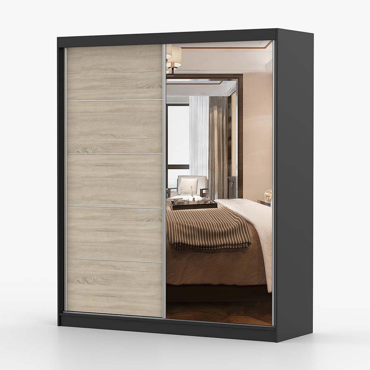 SCHWEBETÜRENSCHRANK 183/218/61 cm 2-türig Bella 03 Schwarz, Sonoma Eiche - Alufarben/Schwarz, Glas/Holzwerkstoff (183/218/61cm) - imoebel24