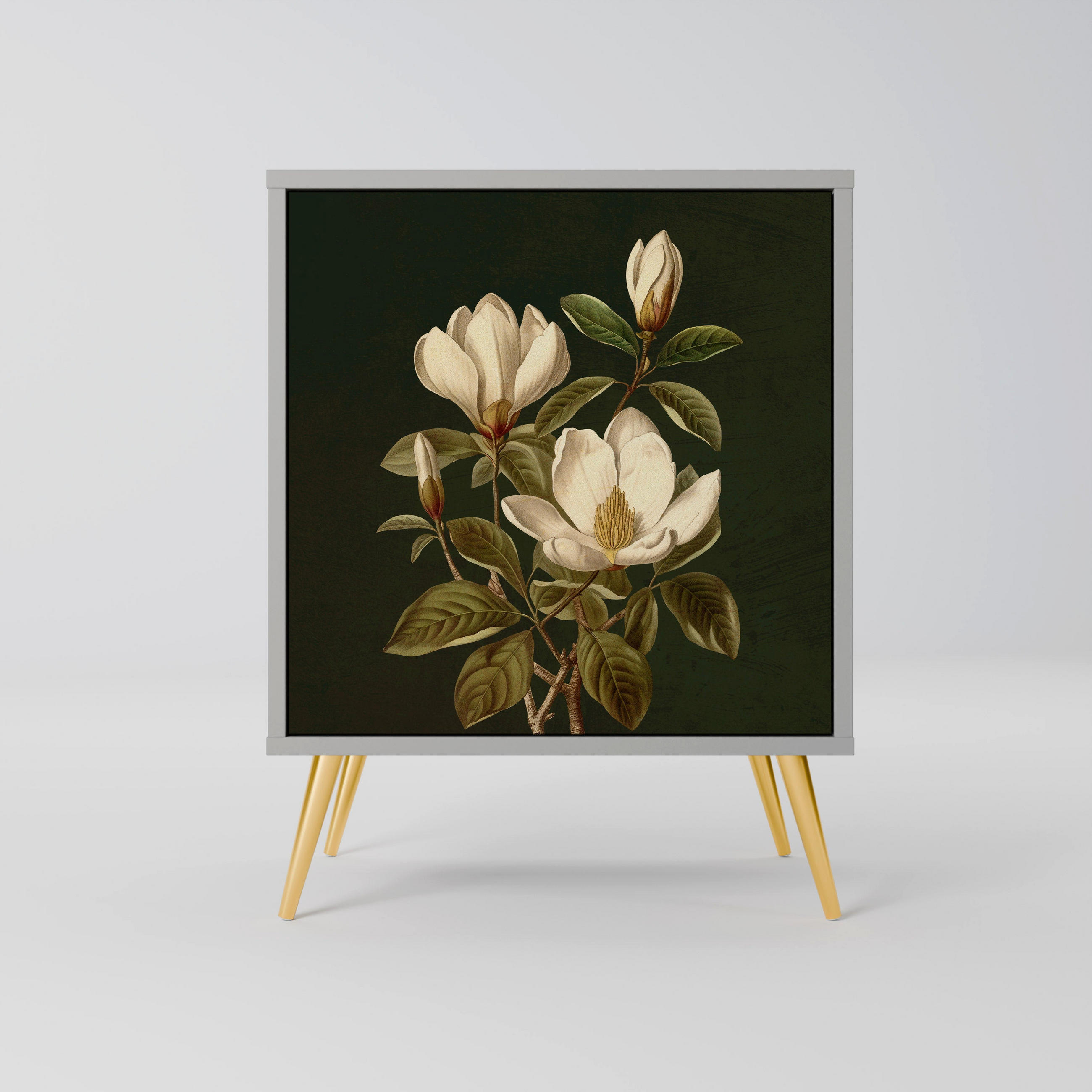 SIDEBOARD FLORAL NOIR, Grau, 57,5x42x75,5 cm, Goldfarbene Metallfüße - Goldfarben/Multicolor, Holzwerkstoff/Metall (57.5/75.5/42cm) - SpaceRebels