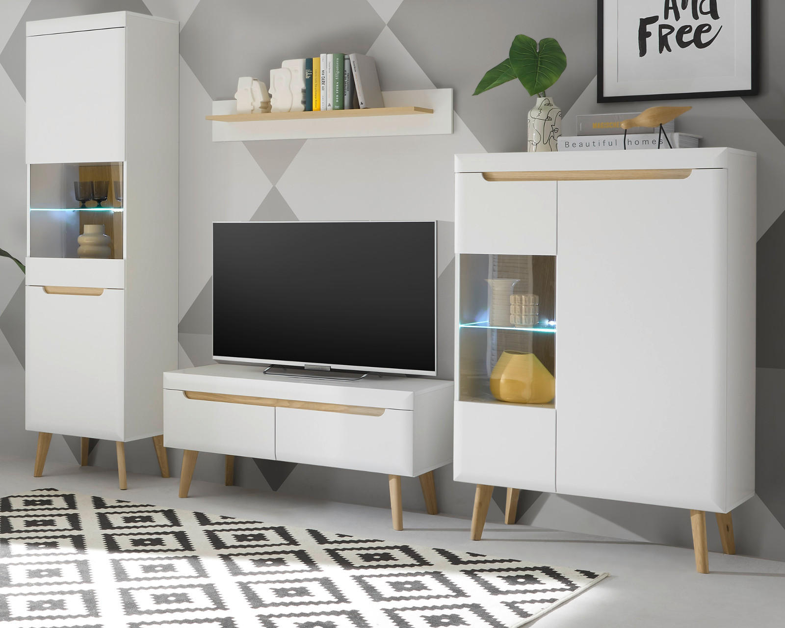 WOHNWAND 4-teilig weiß matt, Eiche, skandinavisch 290 cm, Wohnkombination mit Soft-Close-Funktion - Eichefarben/Weiß, Glas/Holz (290/197/40cm) - Furn.Design