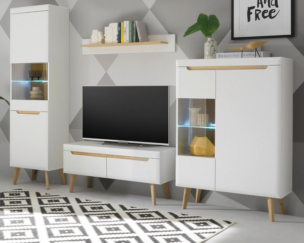 WOHNWAND 4-teilig weiß matt, Eiche, skandinavisch 290 cm, Wohnkombination mit Soft-Close-Funktion - Eichefarben/Weiß, Glas/Holz (290/197/40cm) - Furn.Design