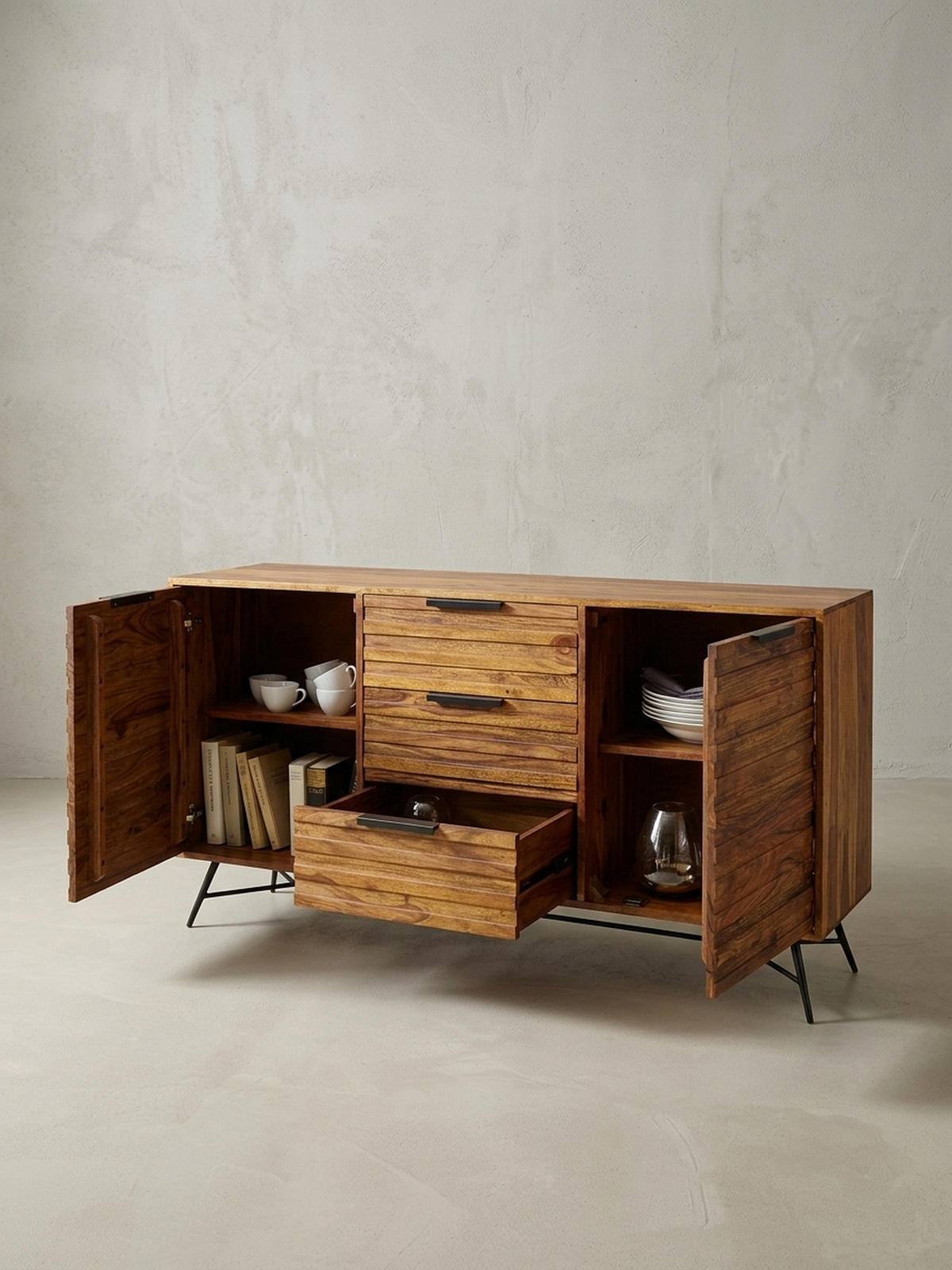SIDEBOARD – FORMIO, Massivholz, 160x40x88 cm, Industrial-Stil - Schwarz/Braun, Holz/Metall (160/88/40cm) - KADIMA DESIGN