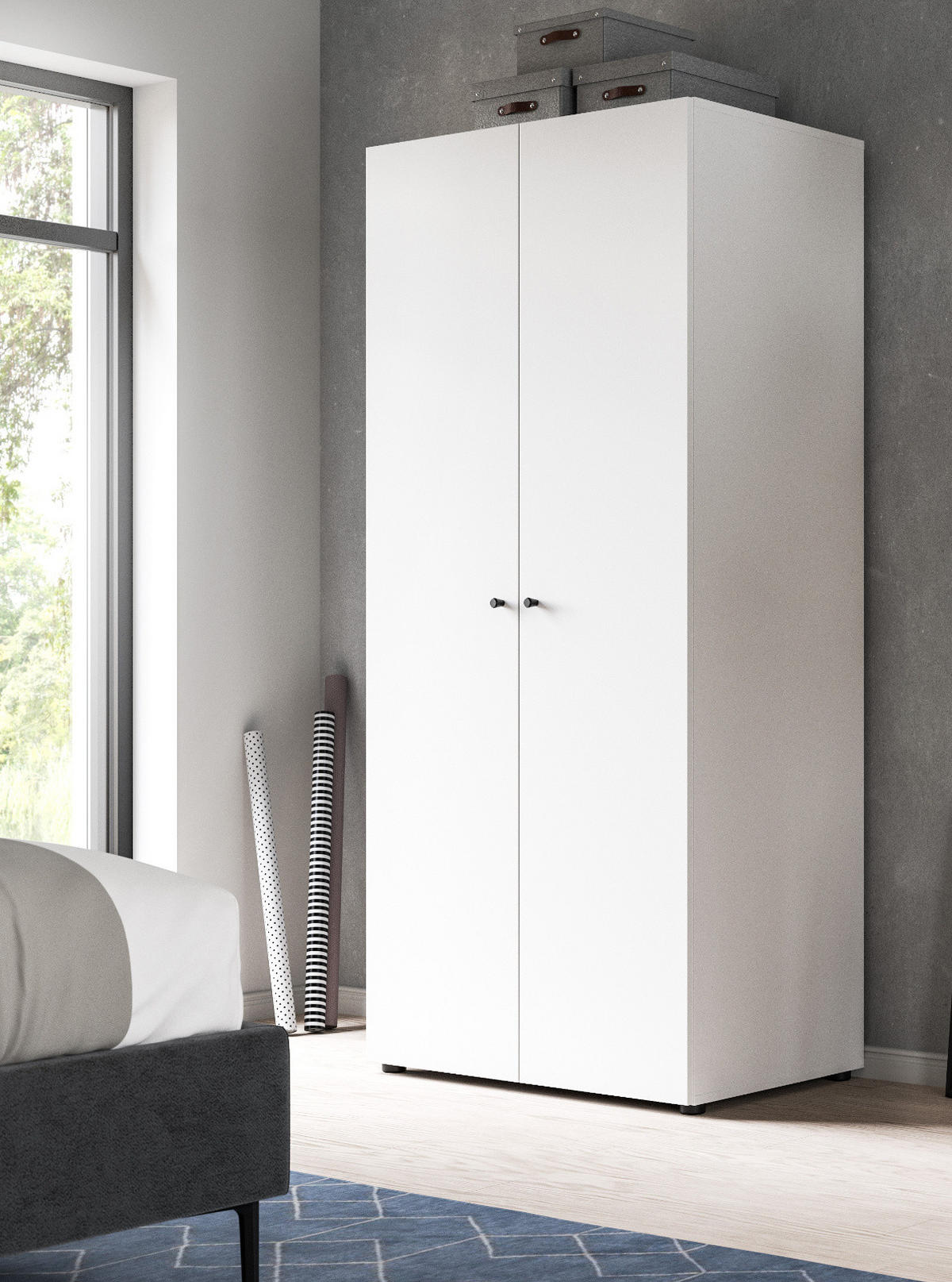 KLEIDERSCHRANK weiß 2-türig 80 cm, Drehtürenschrank mit zusätzlichen Einlegeböden - Schwarz/Weiß, Holzwerkstoff/Kunststoff (80/176/51cm) - Inn.Furn