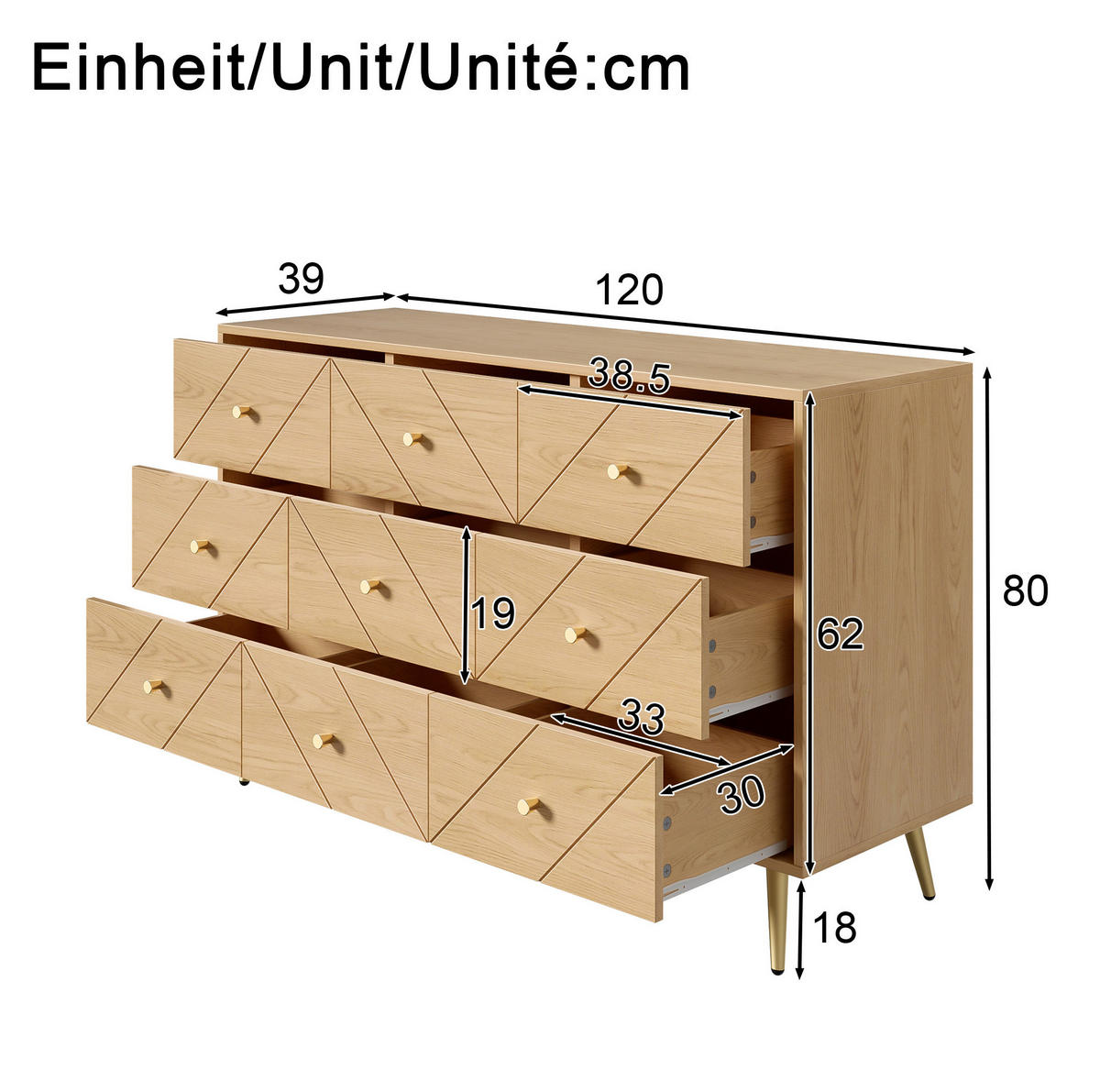 KOMMODE, 9 Schubladen, PB mit Eisenbeinen, geometrische Fronten, 120x39x80 cm, Natur - Naturfarben, Holzwerkstoff (39/80/120cm) - Modfu