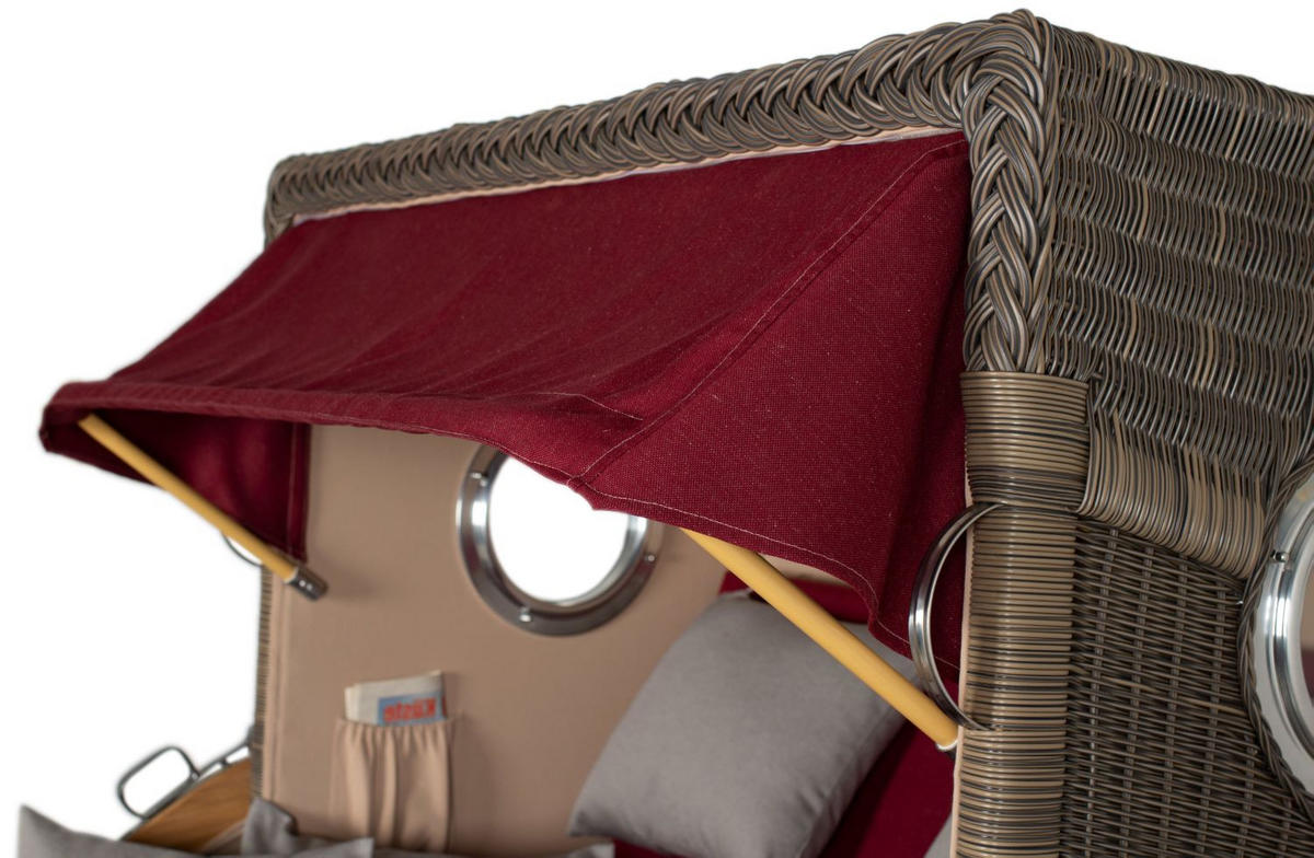 STRANDKORB Komplettset: Ammersee Grande XL Teak Bullauge - PE grau - Modell 594 - Rot/Grau, Holz/Kunststoff (142/165/95cm) - bene living
