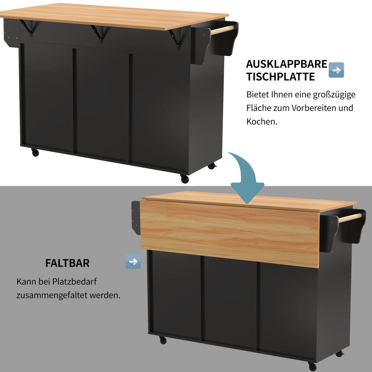 KÜCHENINSEL 139/46/91.5 cm Weiß mit 3 Schubladen, klappbare Arbeitsplatte und Stauraumtüren - Schwarz, Holz/Holzwerkstoff (46/91.5/139cm) - Oxeza