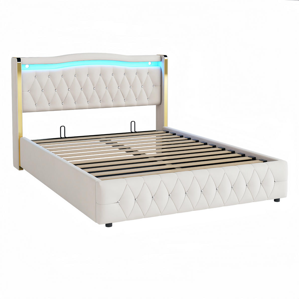 POLSTERBETT 160/200 cm beige mit LED-Beleuchtung und hydraulischem Stauraum - Beige, Textil (160/200cm) - OKWISH