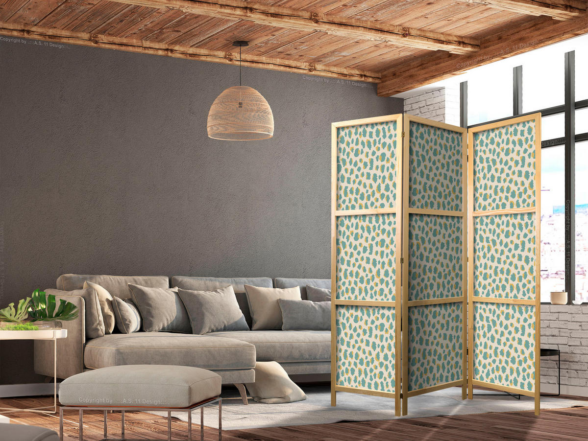 PARAVENT Japanischer 3-tlg 135x172 cm Buntes Tiermuster - Grün, Holz/Textil (135/172/3cm) - Muralo