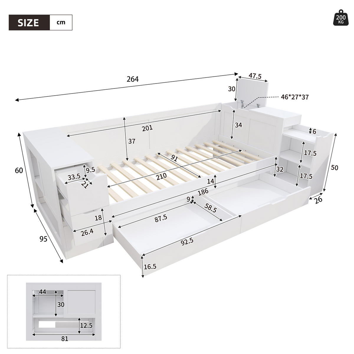 KINDERBETT 90/200 cm mit Schublade, Regal, Nachttisch und Stauraum aus MDF, Weiß - Weiß, Holzwerkstoff (90/200cm) - Redom