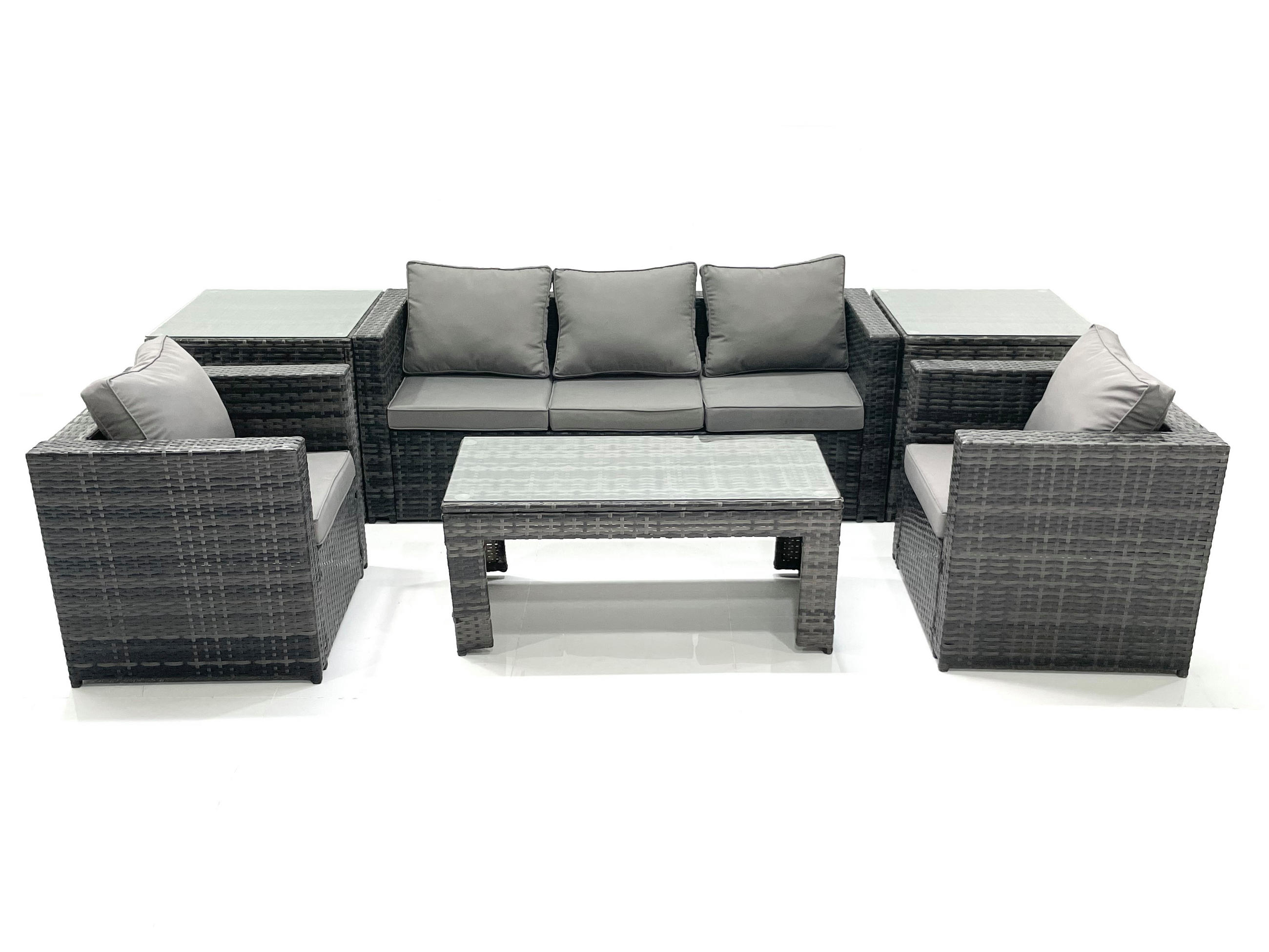GARTENMÖBEL-SET COUCHTISCH SESSEL SOFA mit HOCKER Polyrattan Dunkelgrau Gemischt 5-Sitzer - Dunkelgrau/Grau, Glas/Kunststoff - Fimous