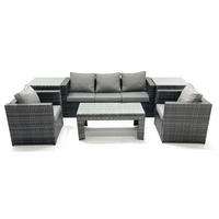 GARTENMÖBEL-SET COUCHTISCH SESSEL SOFA mit HOCKER Polyrattan Dunkelgrau Gemischt 5-Sitzer - Dunkelgrau/Grau, Glas/Kunststoff - Fimous