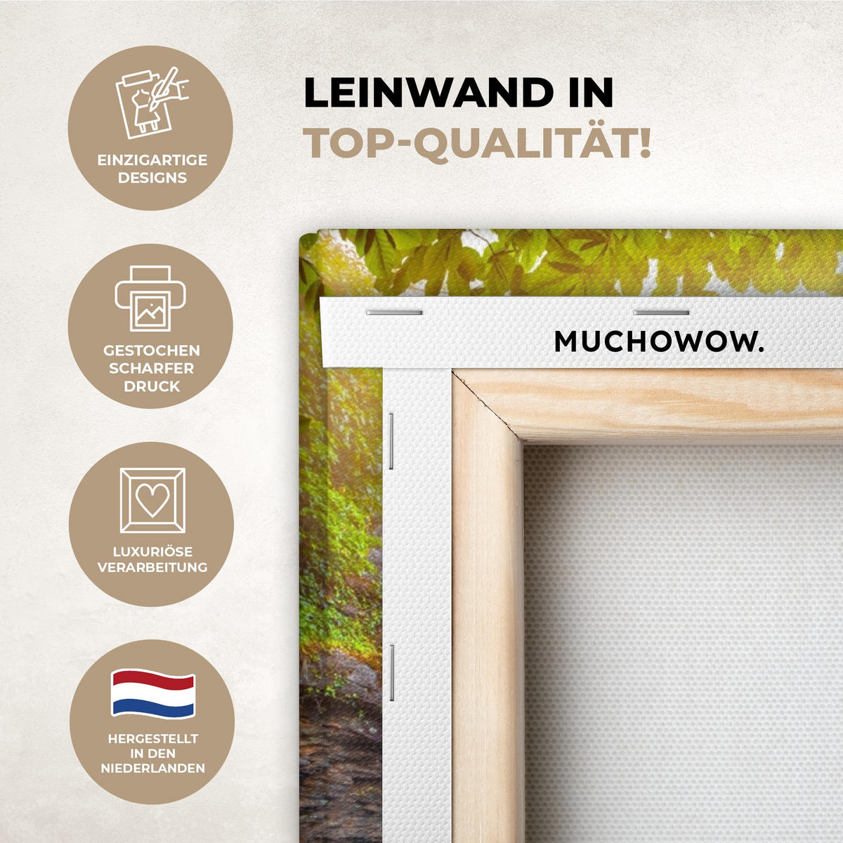 LEINWANDBILD Natur - Wasserfall - Pflanzen - Bäume - Sonne Wandbilder 80x60 cm - Olivgrün, Textil (80/60cm) - MuchoWow