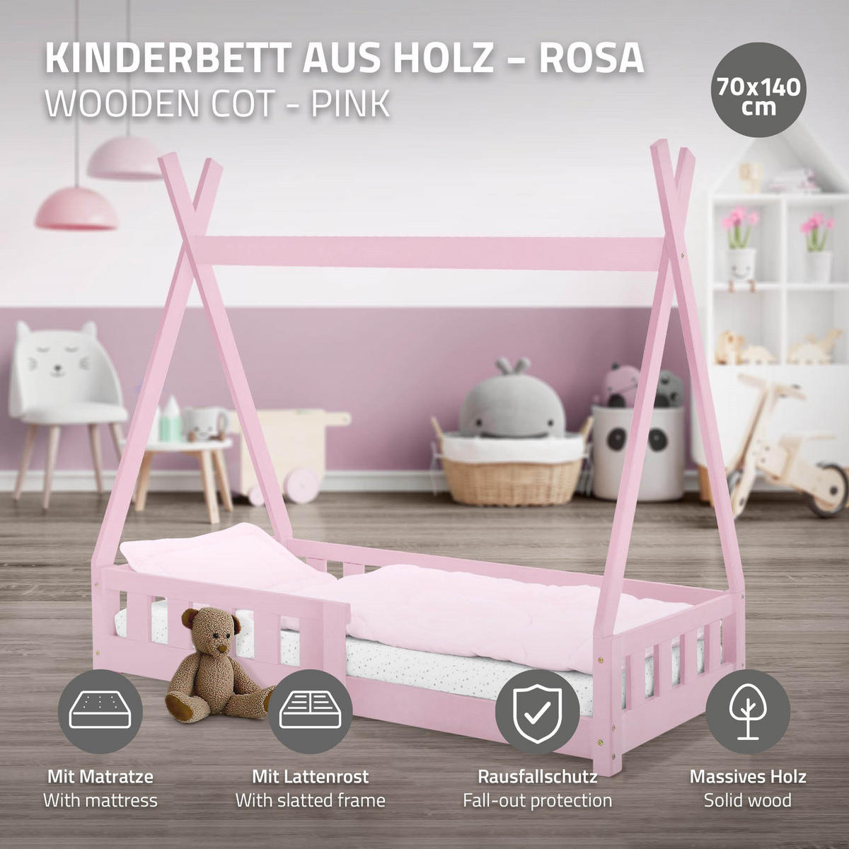 KINDERBETT Tipi mit Matratze 70x140 cm Rosa - Pink, Holz (70/140cm) - ML-DESIGN