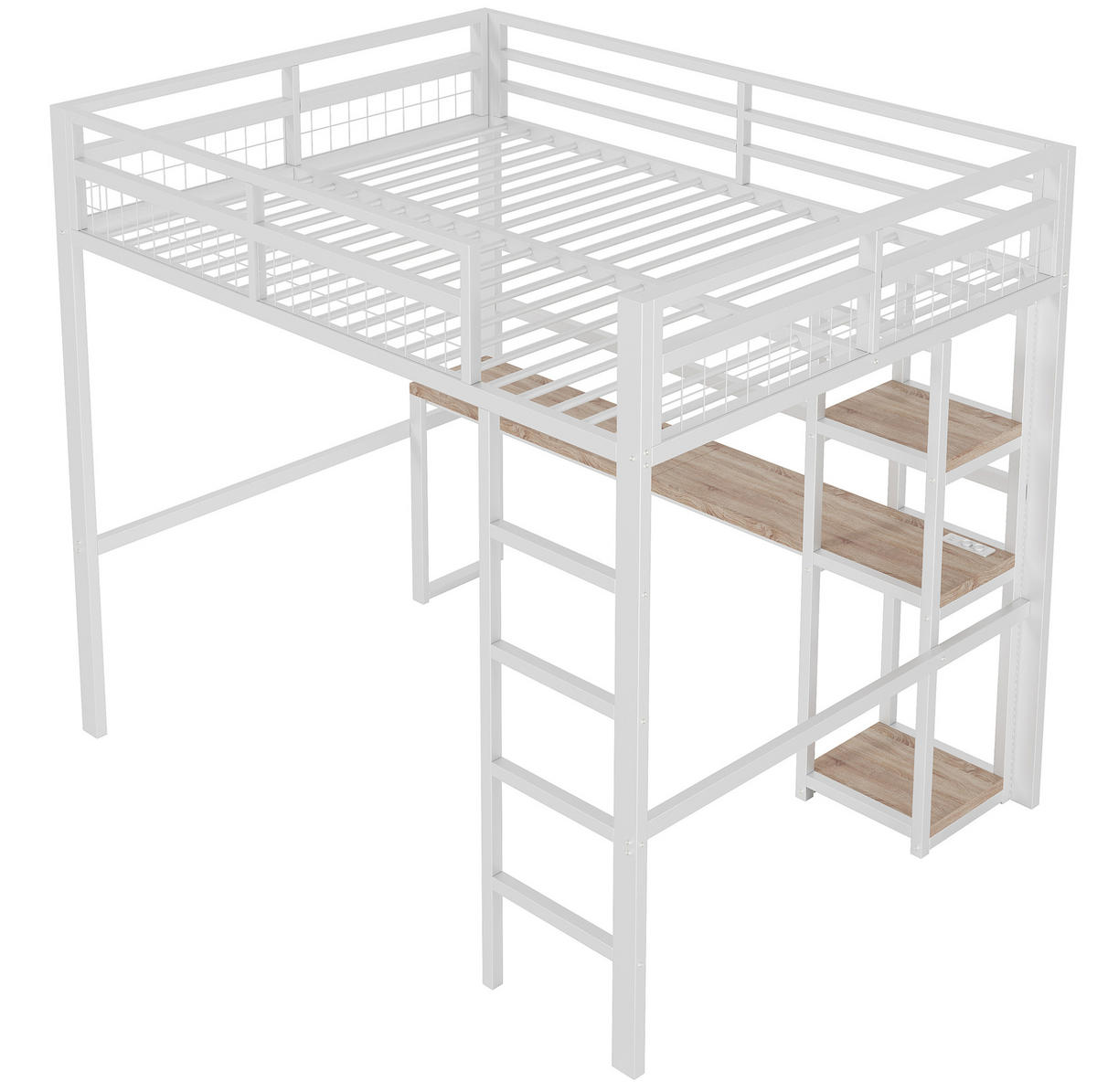 HOCHBETT 140/200 cm Weiß mit Schreibtisch, Regalen und USB- und Type-C-Anschlüssen - Weiß, Metall (140/200cm) - Flora Grace
