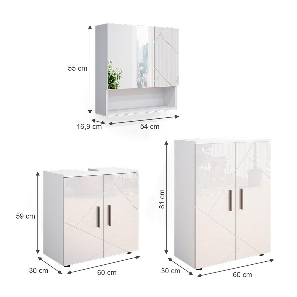 BADMÖBEL-SET Irma Weiß Hochglanz 3 Teile, mit Unterschrank 60 cm - Weiß Hochglanz/Weiß, Holzwerkstoff (80/58.6/41cm) - Vicco