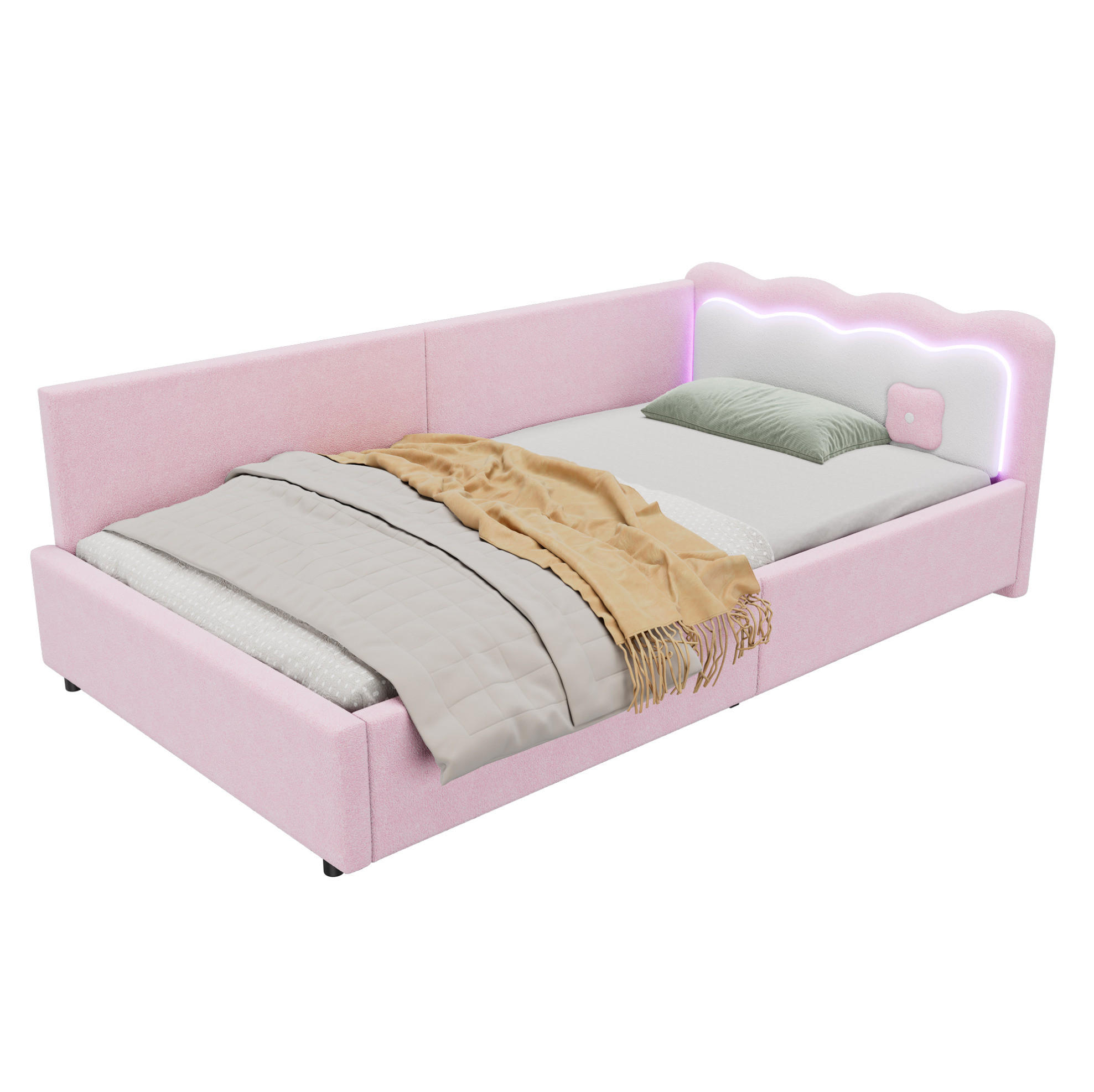 DENNÁ posteľ 90/200 cm ružová s LED osvetlením a roštom zo zamatovej látky a MDF - ružová, textil (90/200cm) - OKWISH