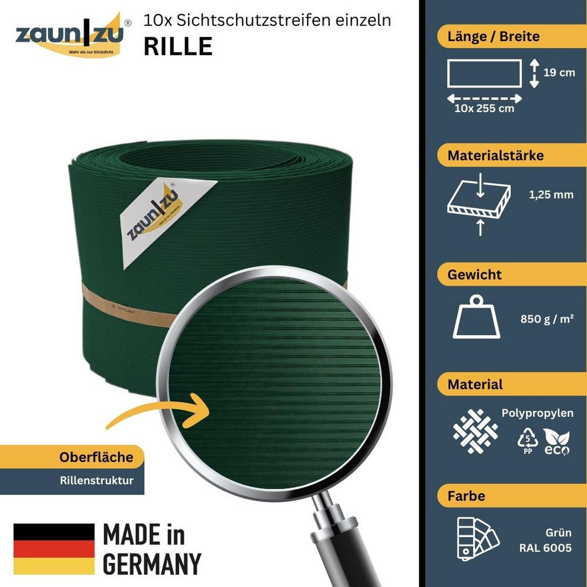 SICHTSCHUTZSTREIFEN Rille 10x Einzelstreifen 2,55m Sichtschutz Grün, 10 x 2,55m - Grün, Kunststoff (2550/19cm) - ZAUN|ZU