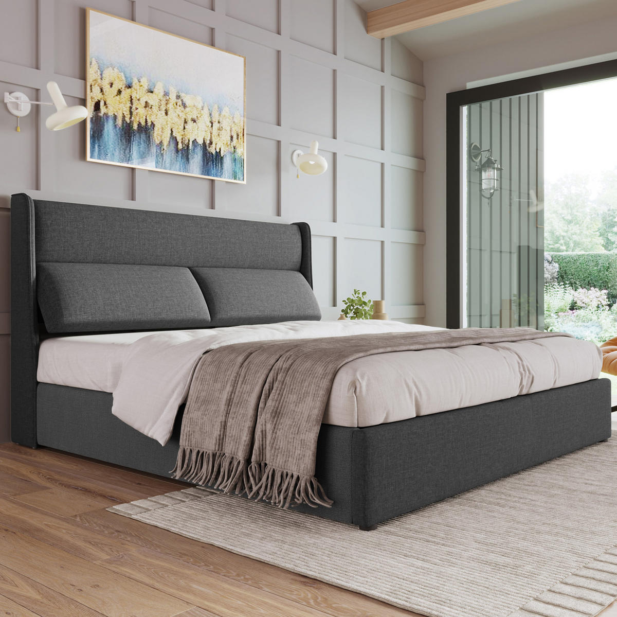 POLSTERBETT 160/200 cm Grau aus Leinen mit Stauraum - Grau, Textil (160/200cm) - OKMYHOME