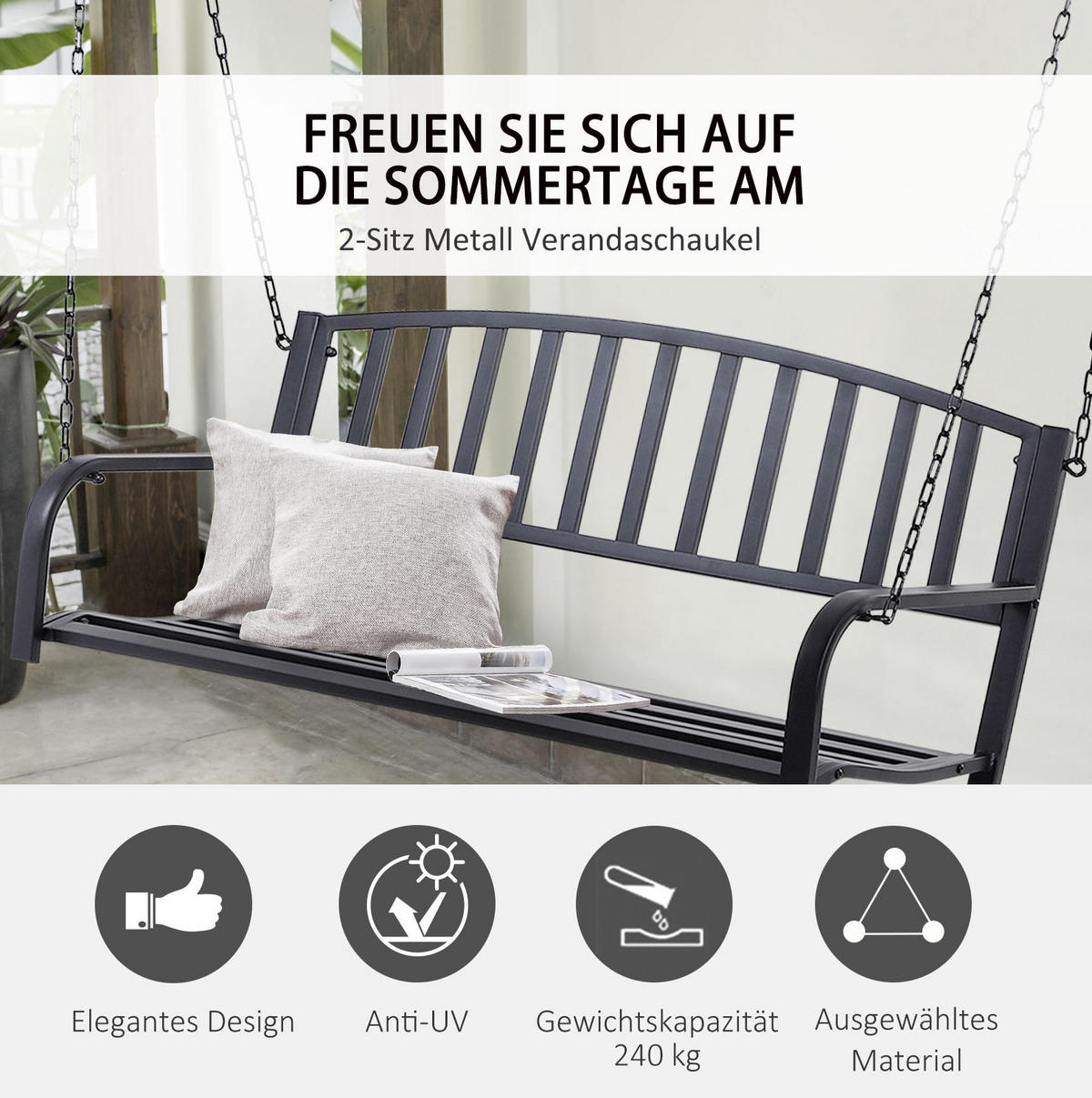 HOLLYWOODSCHAUKEL 127/60 cm mit 2 Metallketten und breiter Sitzfläche, Schwarz - Schwarz, Metall (60/53/127cm) - Redom