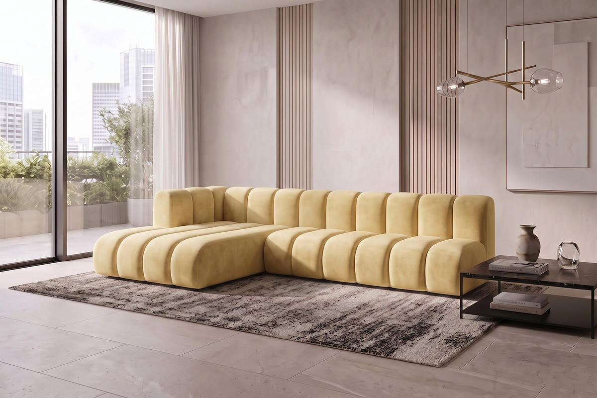 ECKSOFA Modulares In L-Form, Velvet-Stoff Riviera, Buttergelb, Links, GRAND 295 cm - Hellgelb, Holz (295/179cm) - Kaiser Möbel