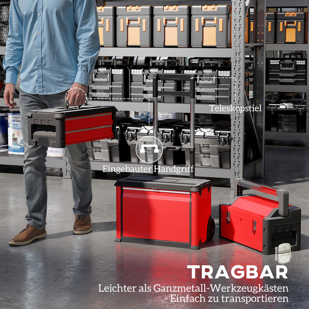 WERKSTATTWAGEN inkl. Koffer Werkzeugwagen leer, Stahl, Rot - Rot, Metall (52/72/32cm) - HOMCOM