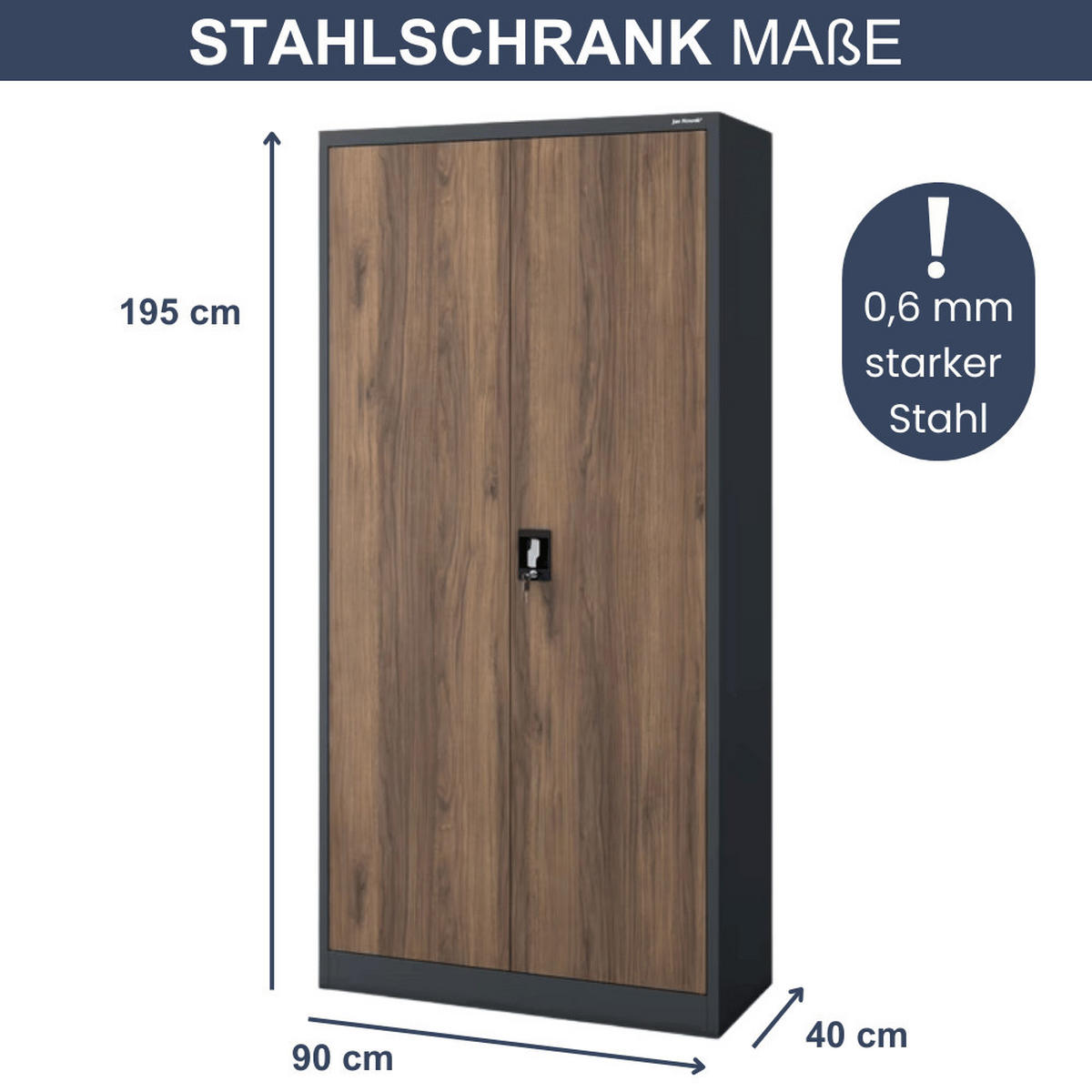 AKTENSCHRANK abschließbar JAN mit Flügeltüren 195x90x40cm Anthrazit-Nussbaum - Anthrazit, Metall (90/195/40cm) - Jan Nowak