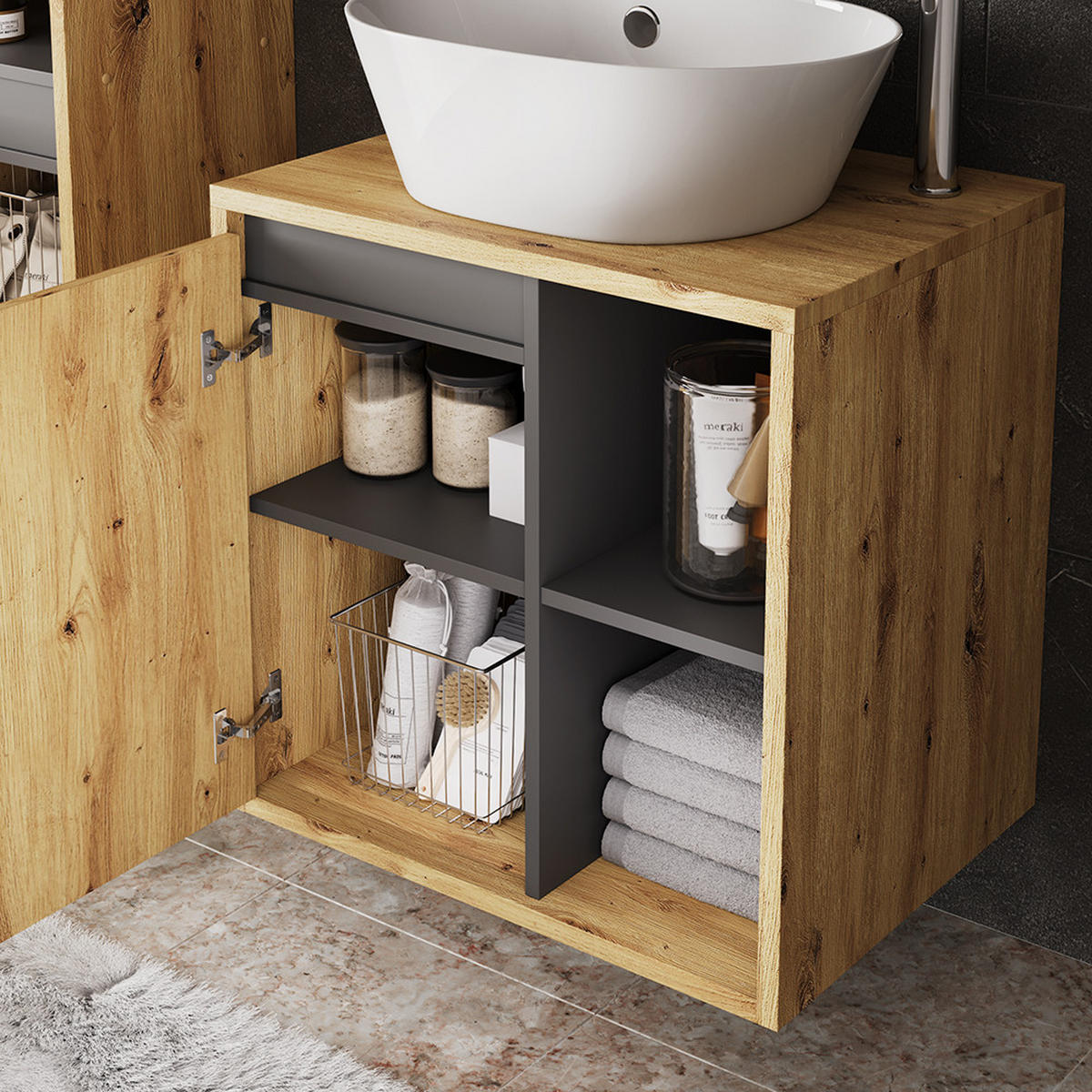 WASCHBECKENUNTERSCHRANK Viola Artisan/Grau 60 x 60 cm mit offenen Regalen - Hellgrau/Grau, Holzwerkstoff (60/60/46cm) - Vicco