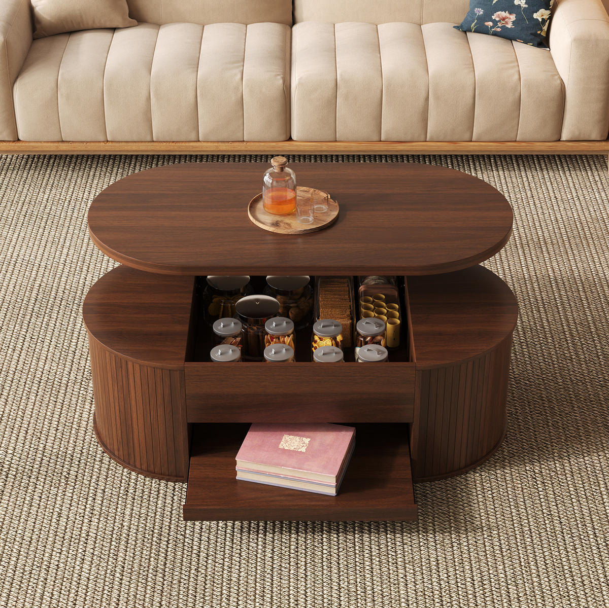 COUCHTISCH 110/55,5/40 cm höhenverstellbar mit klappbarer Tischplatte und ausziehbarer Ablage, Natur-Walnuss - Dunkelbraun, Holzwerkstoff (110/55.5/40cm) - Redom