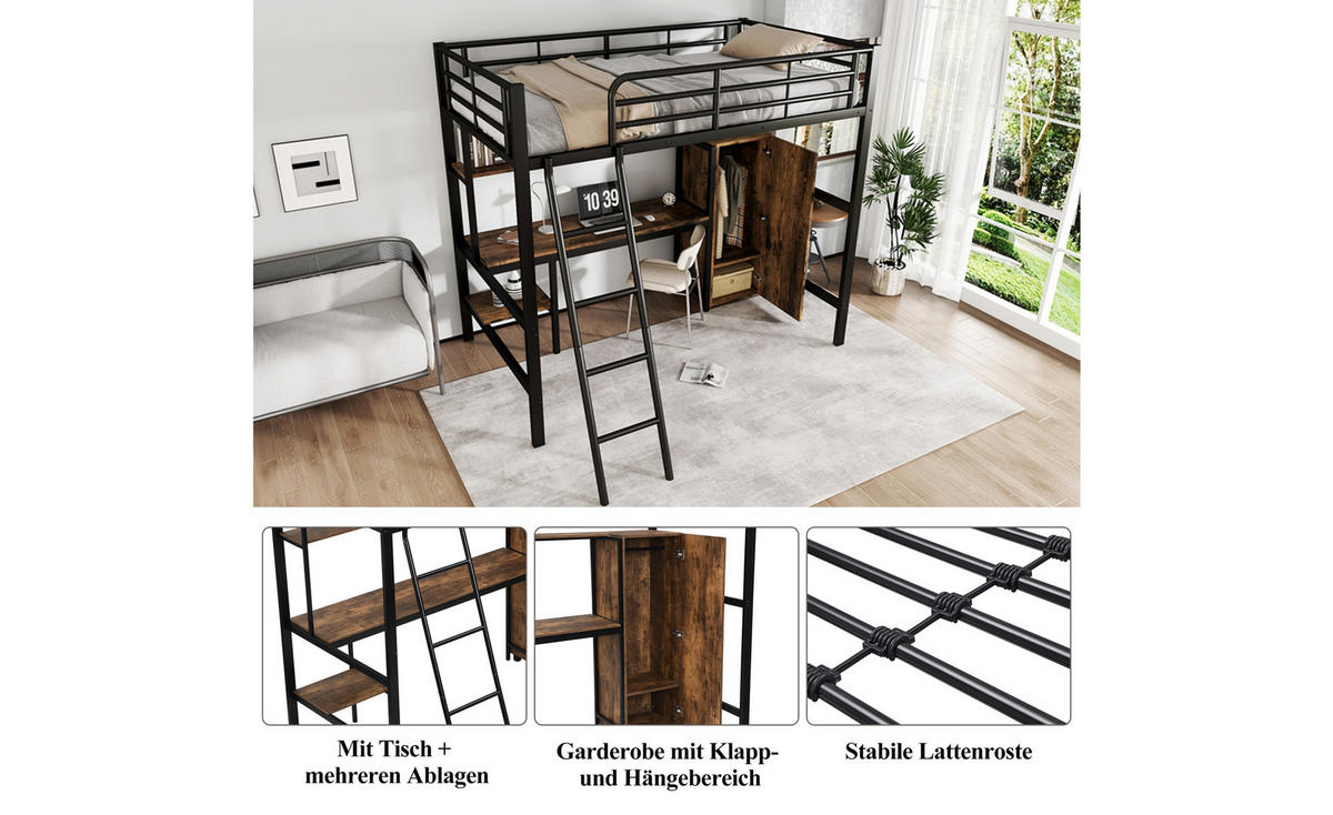 HOCHBETT Mit Bücherregalen, Schreibtisch und Kleiderschrank Schwarz - Schwarz, Holzwerkstoff/Metall - Urban Meuble