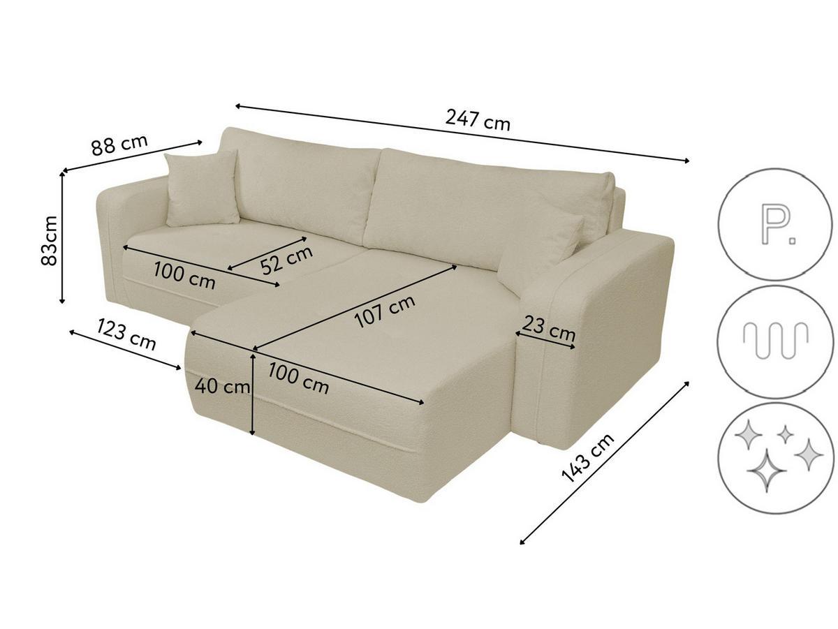 ECKSOFA Oreo L-Form Mit Bettkasten Und Schlaffunktion Quelle-Stoff Beige Rechts - Beige, Holz (247/143cm) - Kaiser Möbel