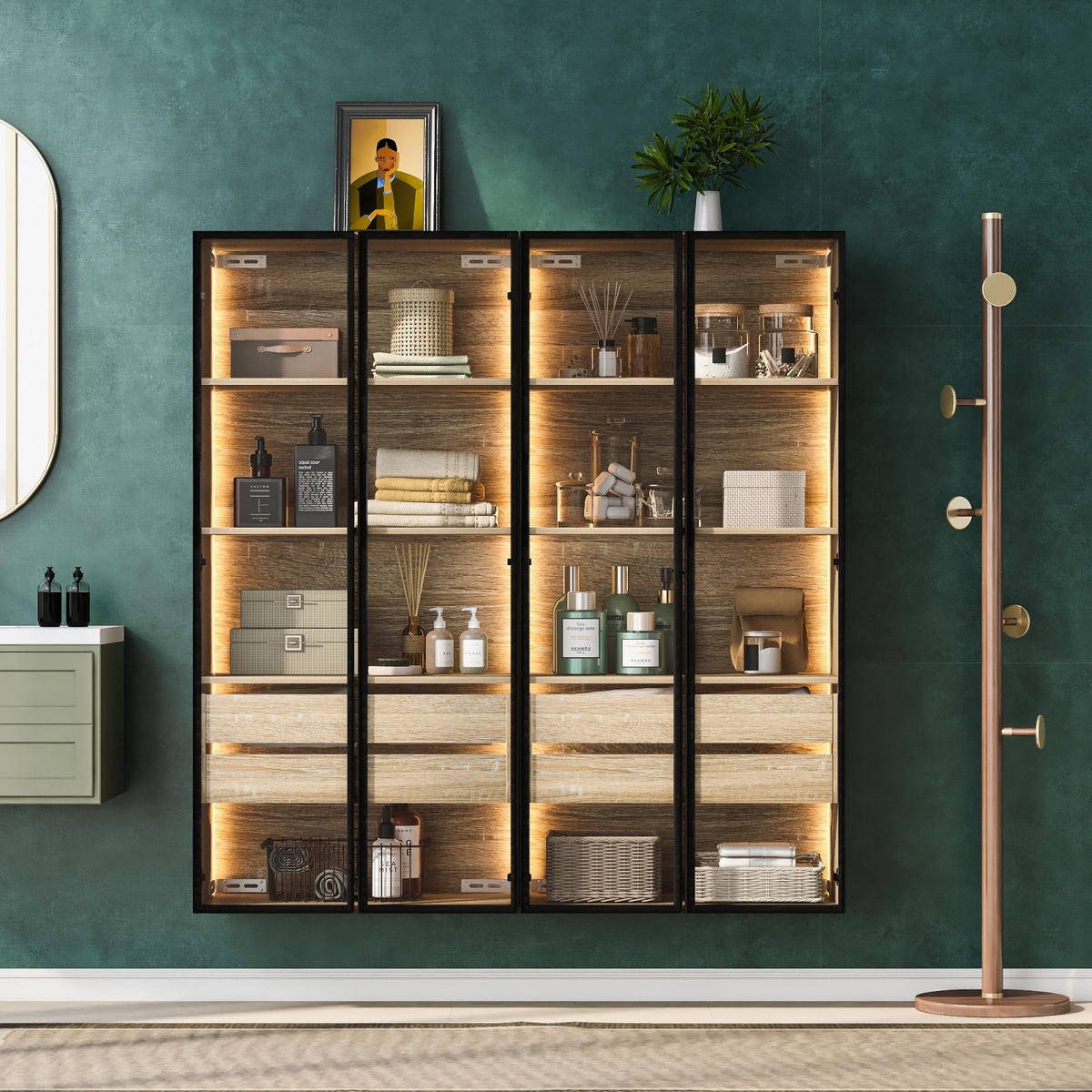 HOCHSCHRANK,BADEZIMMERSCHRANK mit LED Beleuchtung,Schubladen und Glastür - Naturfarben, Holz (74/155/36cm) - PARAFTA HOME