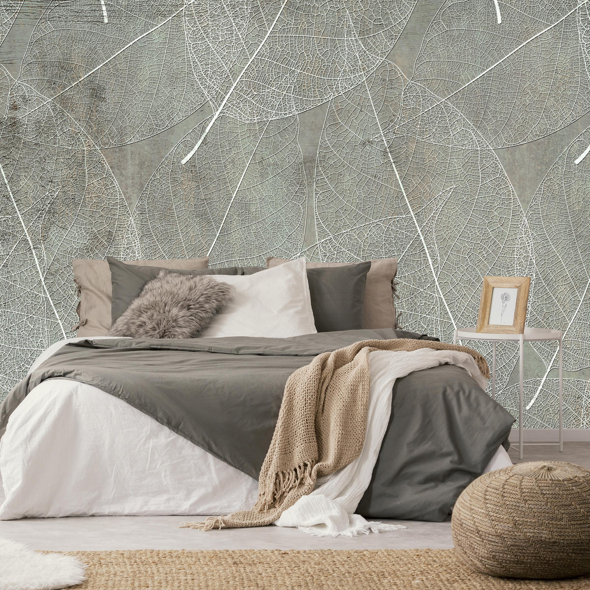 FOTOTAPETE für Wohnzimmer Weiße Blätter auf Beton Minimal 250x175 - Weiß/Grau, Papier (250/175cm) - Muralo