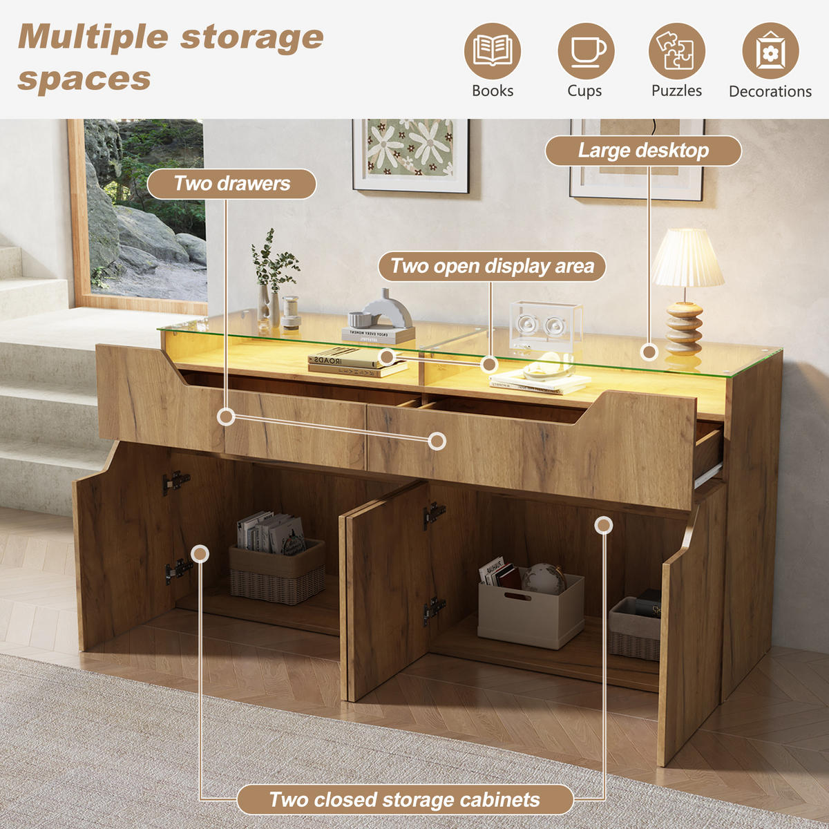 SIDEBOARD in Holzoptik Aufbewahrungsschrank mit 2 Schubladen und gehärteter Glasplatte, 140/40/70cm,für Esszimmer & Wohnzimmer - Naturfarben, Glas/Holzwerkstoff (140/70/40cm) - STILVORA