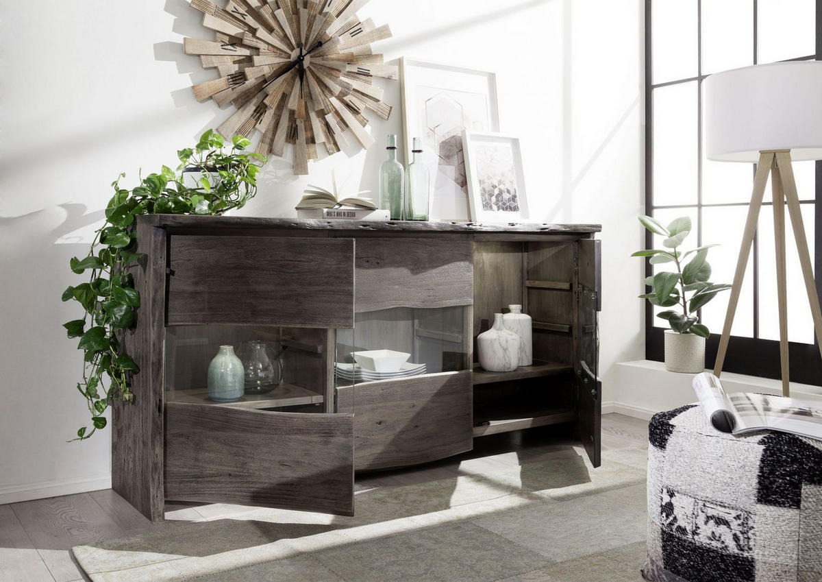 SIDEBOARD Akazie 191x45x96 grau lackiert PURE ACACIA #908 - Grau, Holz (191/96/45cm) - Massivmoebel24