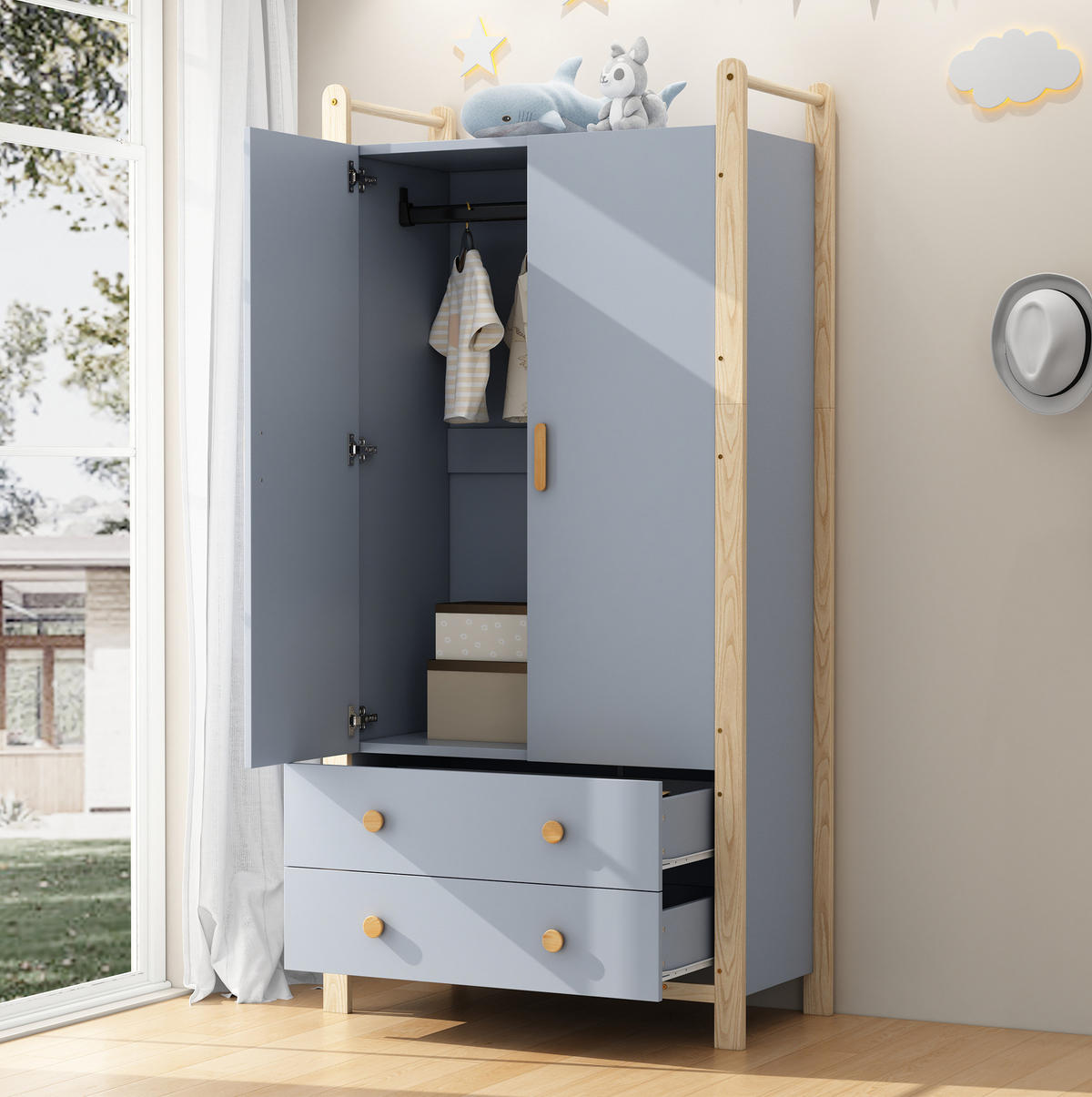 KLEIDERSCHRANK 89,6/180,5/44 cm Blau aus Holzwerkstoff und Massivholz mit 2 Schubladen - Blau, Holzwerkstoff (45/180/90cm) - OKMYHOME